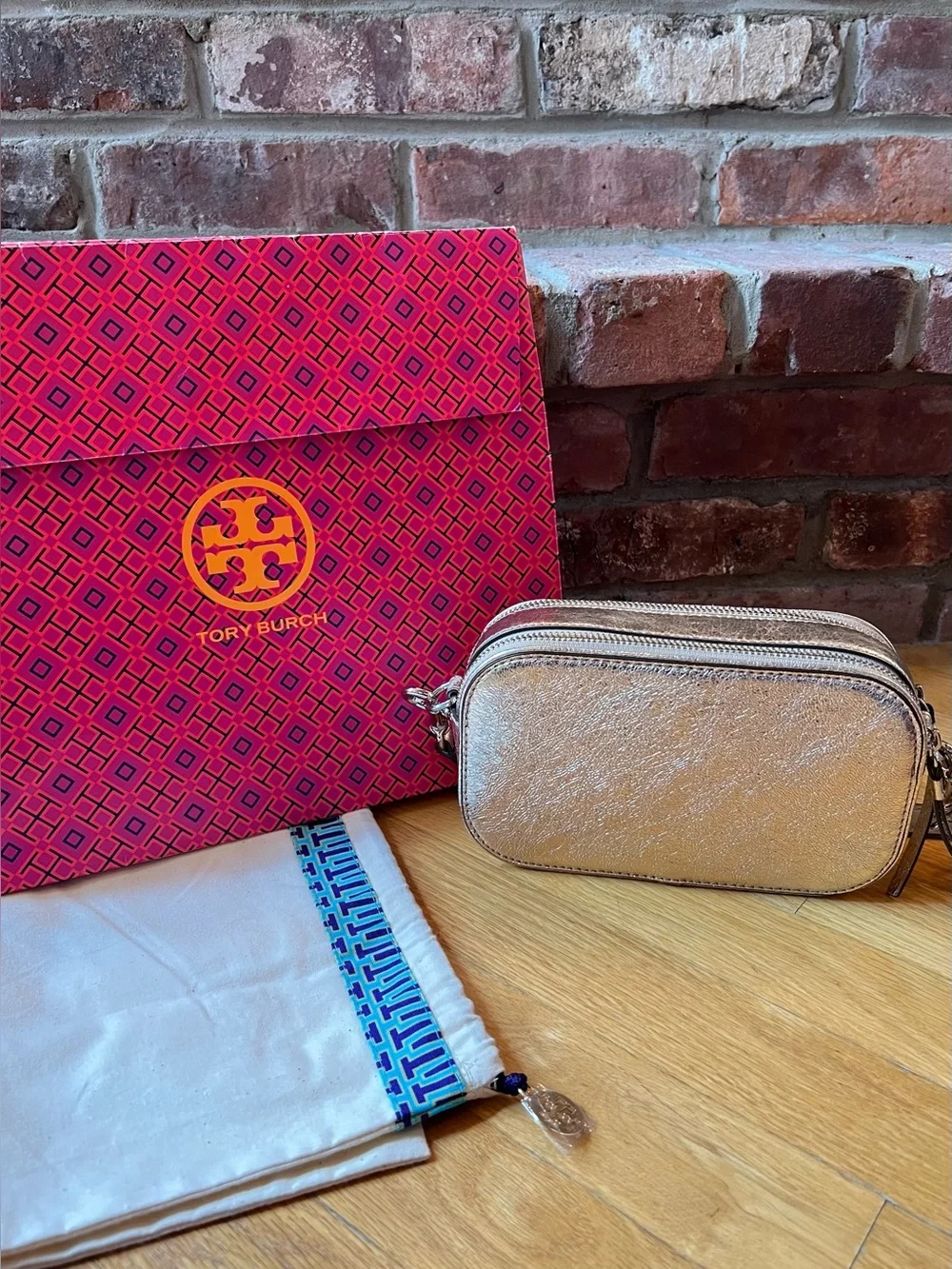 Tory Burch Gold Leather Miller Mini Metallic Crossbody Bag